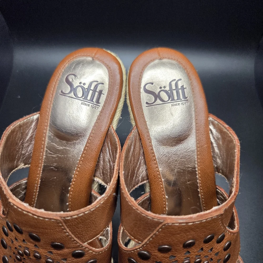 Söfft Leather Studded Cutout Espadrille Wedge Mule Sandals 6.5M Cognac